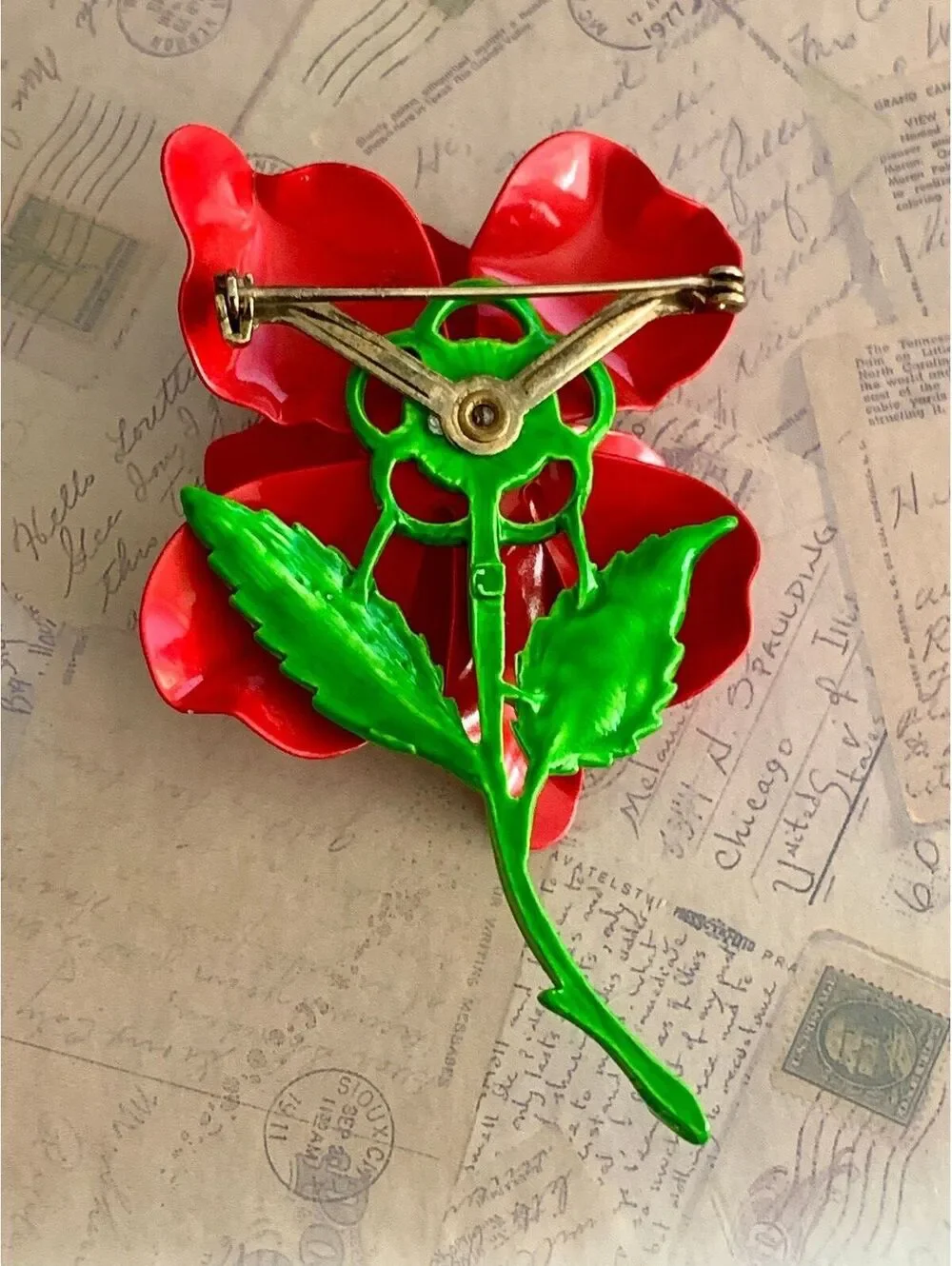 Vintage Enamel Bright Red Flower Brooch Pin with Glossy Finish and Yellow Center